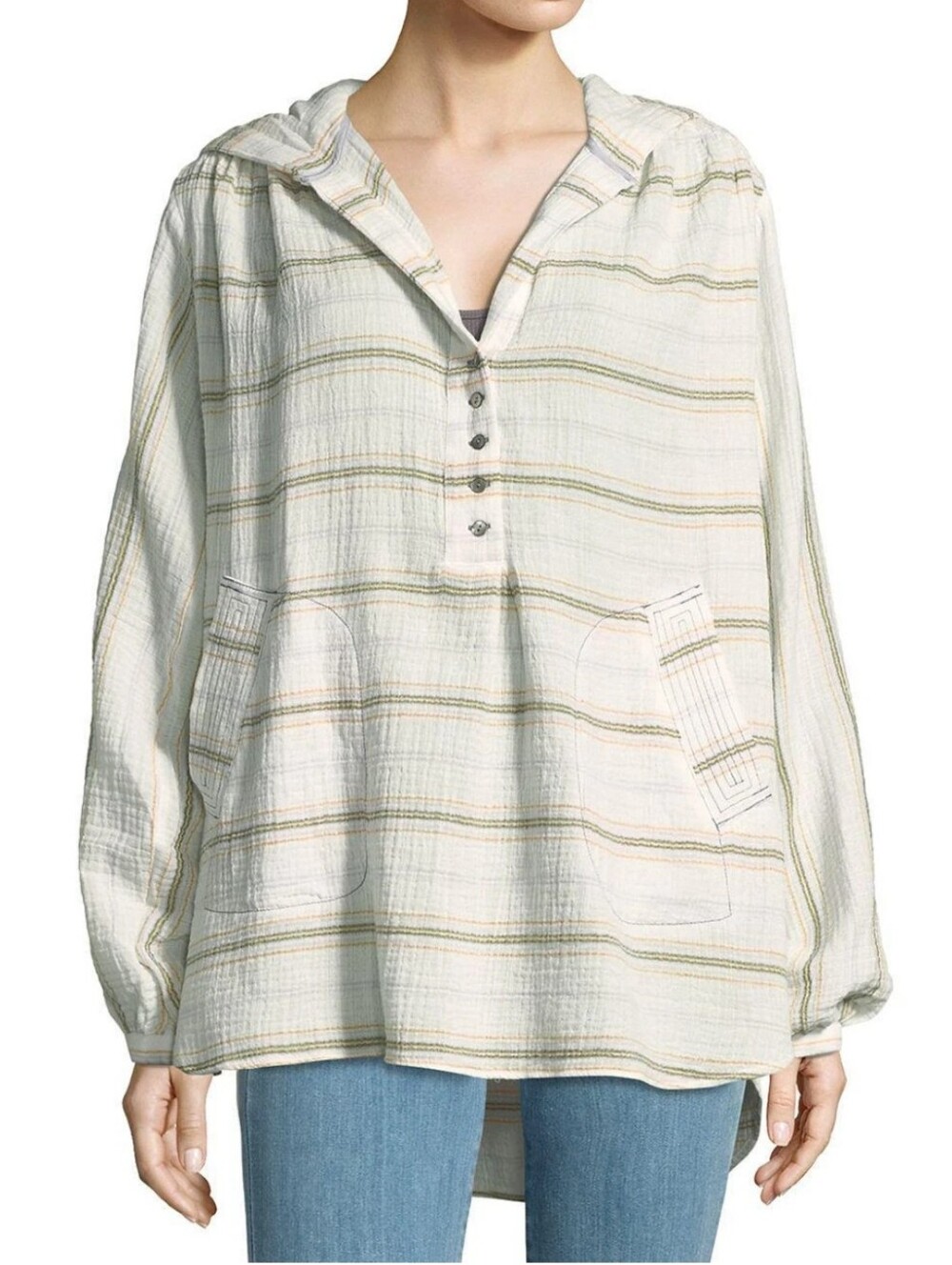FREE PEOPLE Rolling Clouds Hooded Top M 100% Cotton Gauzy Striped Cream